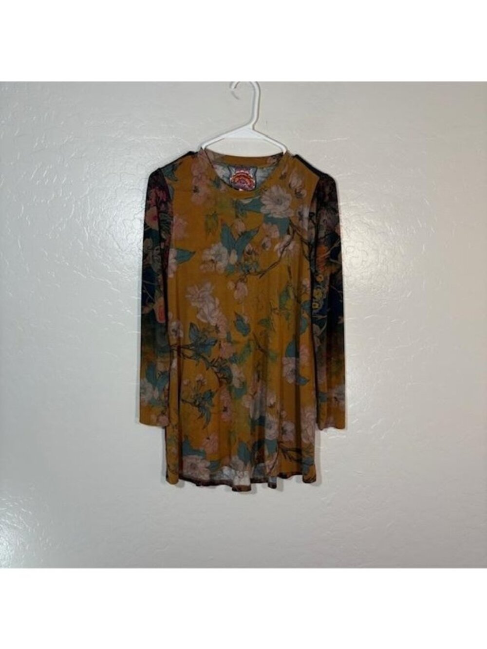 Johnny Was Shirt Womens XS Mustard Floral Bamboo Viscose Tunic Top Boho